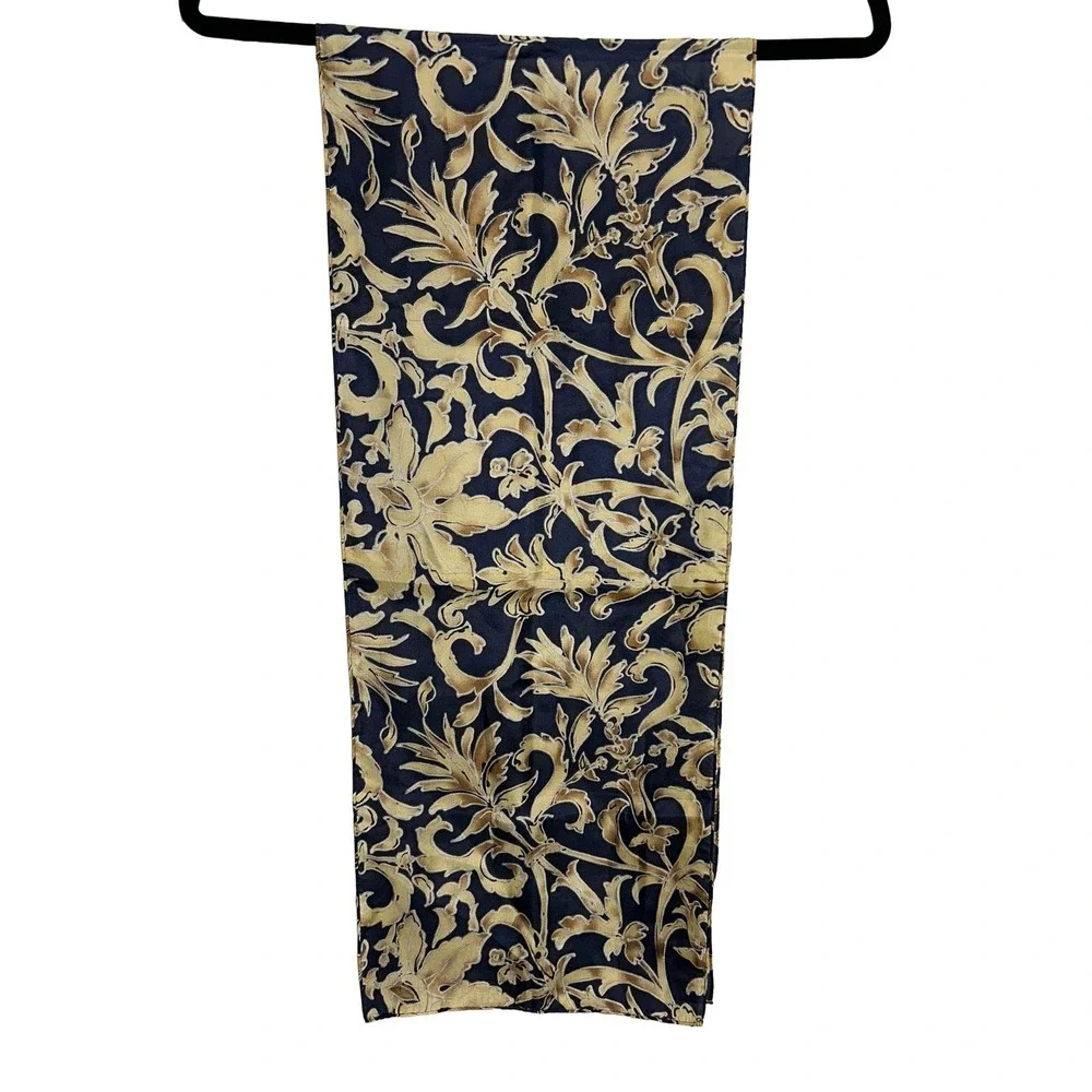 VTG 100% Silk Floral‎ Print Scarf Navy Beige Gold EUC